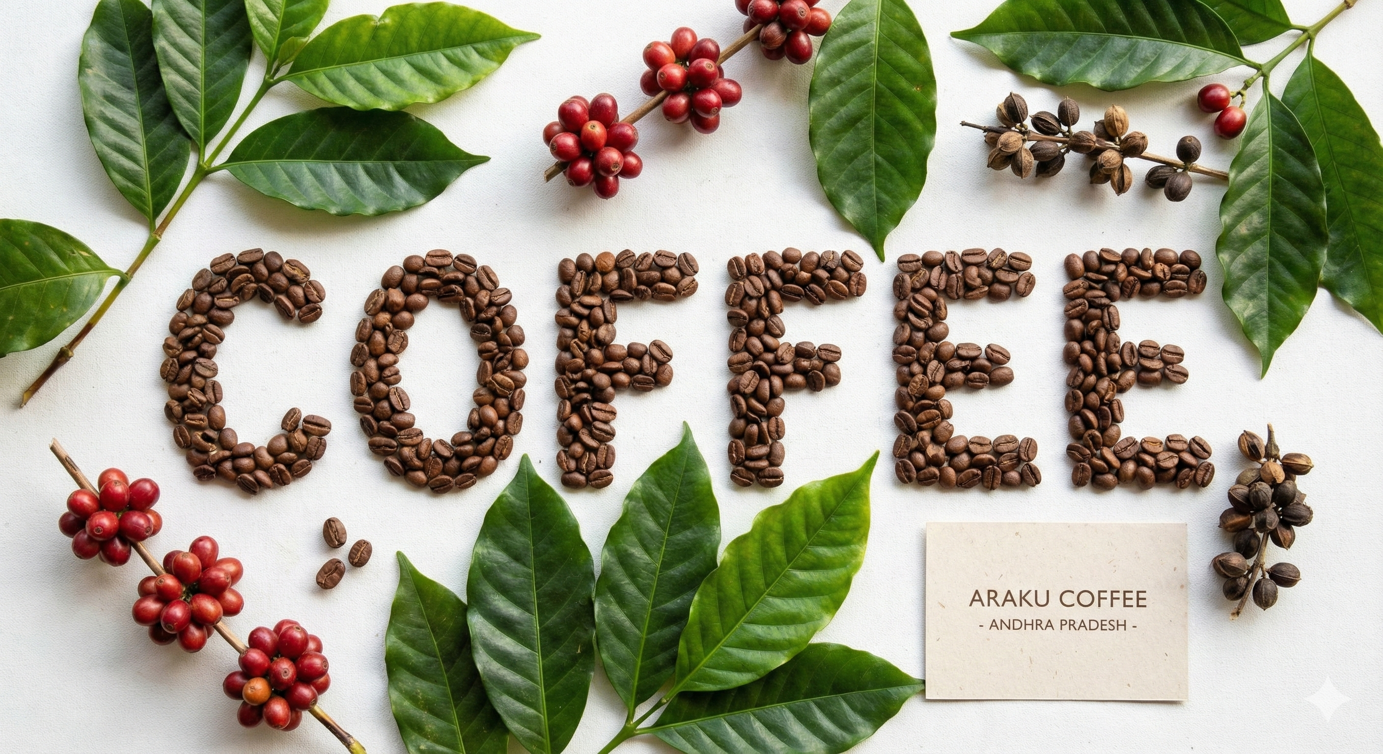 Word COFFEE spelled with actual coffee beans in artistic typography